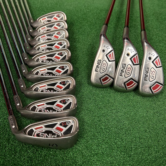 RH Ping G15 Combo Iron Set EXTENDED (3H, 4H, 5H, 5-PW, UW, SW, LW). Stiff Flex.